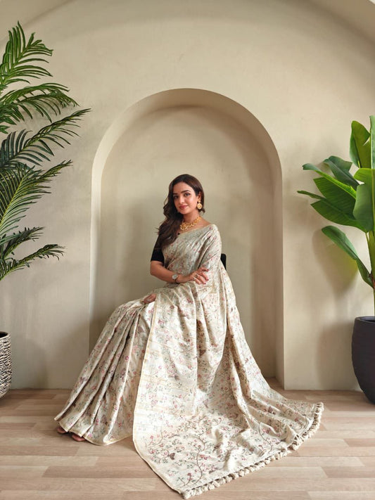 Beige Loom Tussar Saree Roohri