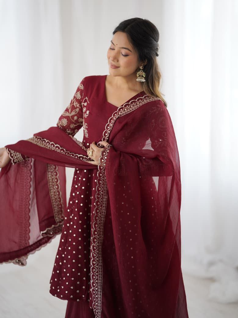 Maroon Sharara Suit Set Roohri