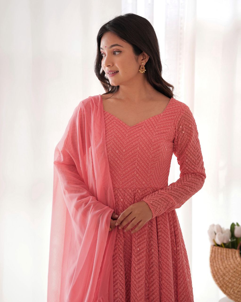 Peach Chikankari Anarkali Suit Set Roohri