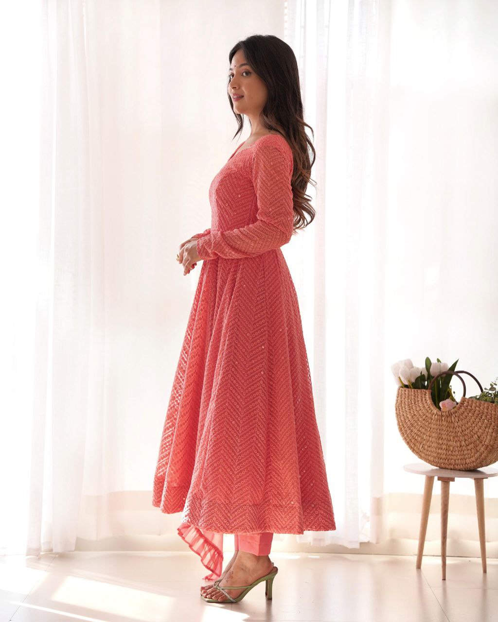 Peach Chikankari Anarkali Suit Set Roohri