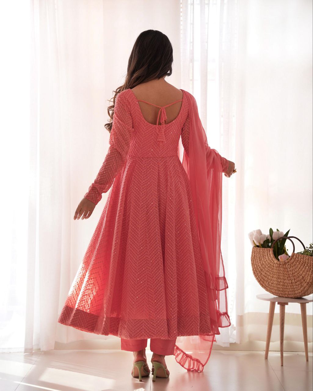 Peach Chikankari Anarkali Suit Set Roohri