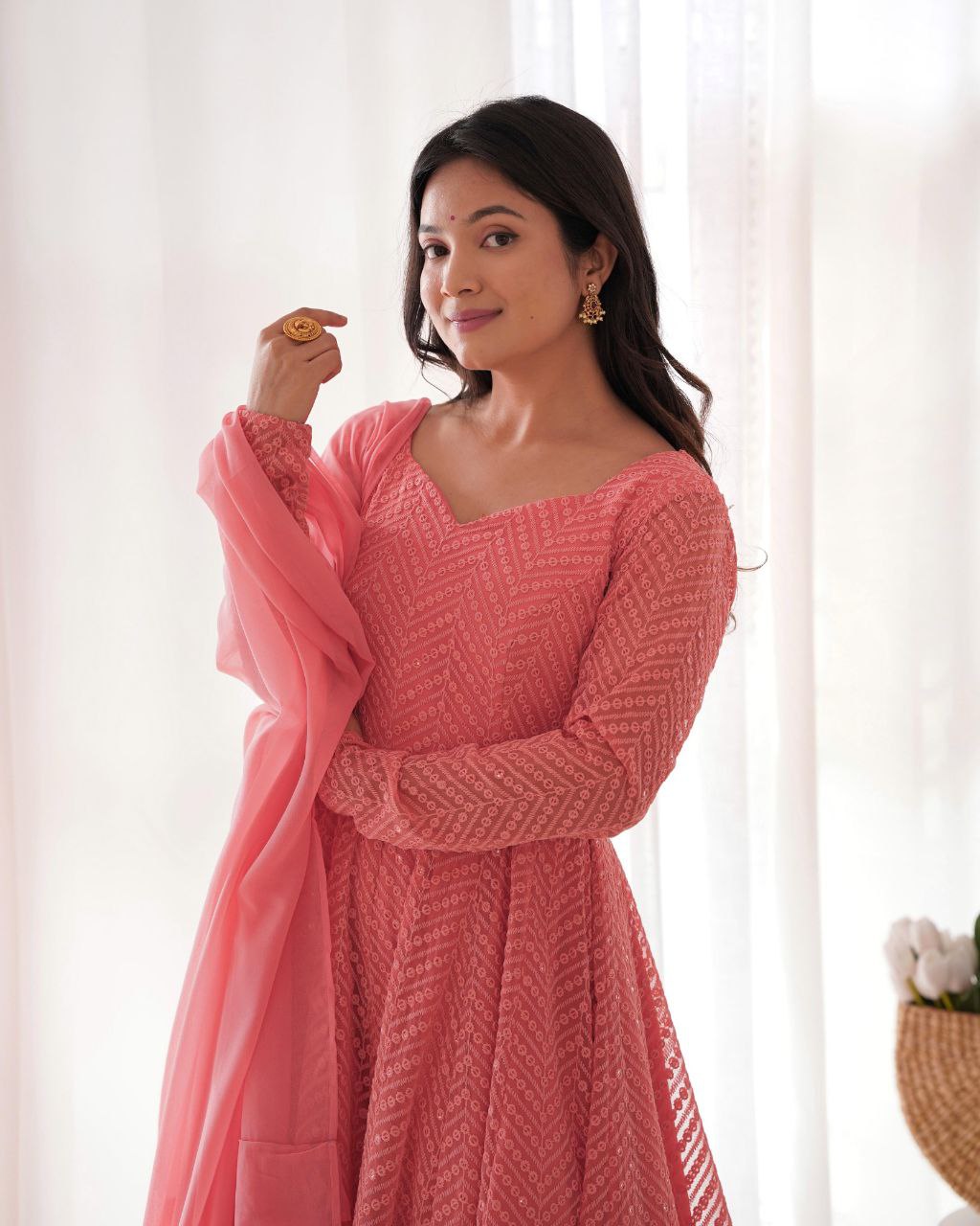 Peach Chikankari Anarkali Suit Set Roohri
