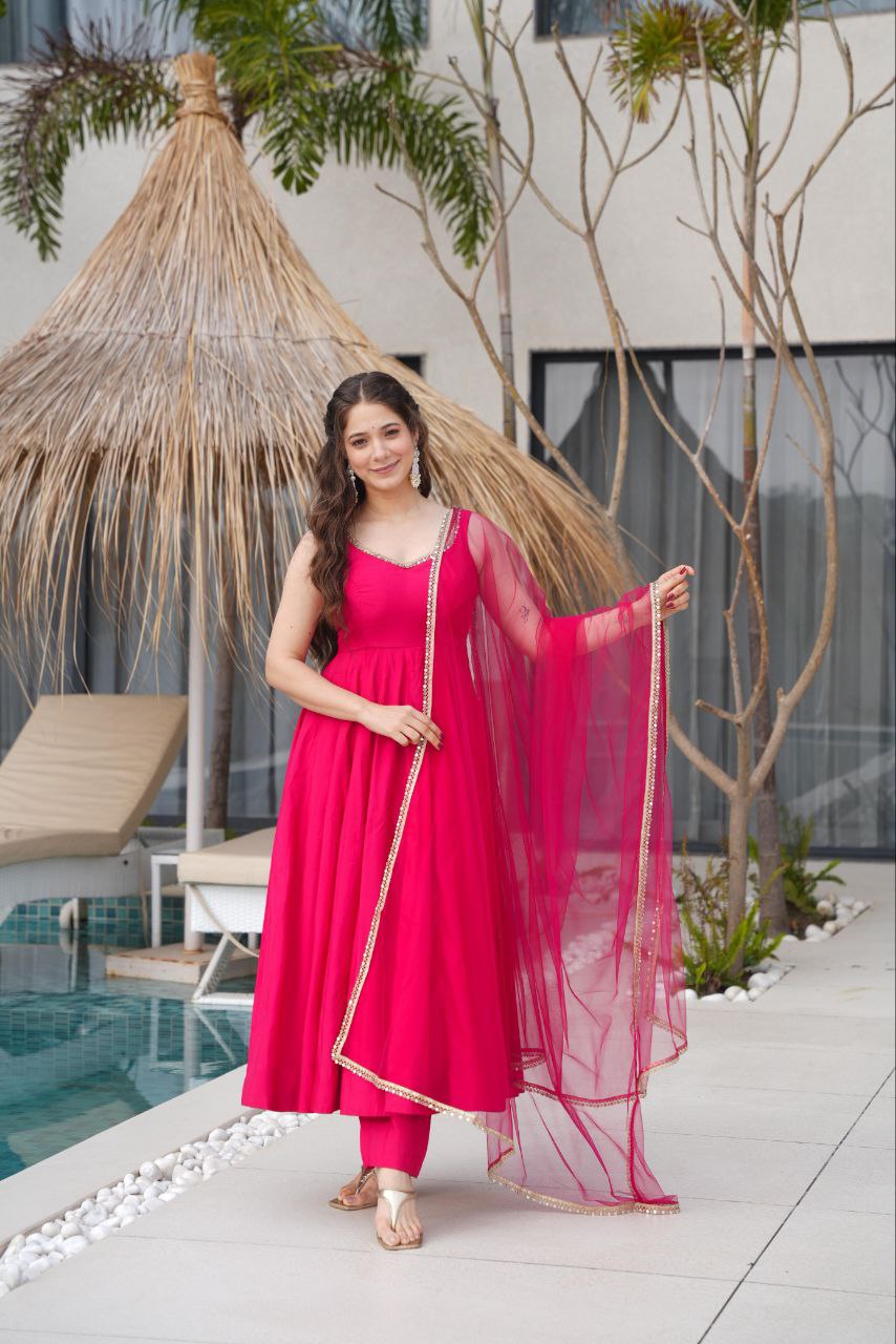 Pink Mirror Anarkali Suit Set Roohri