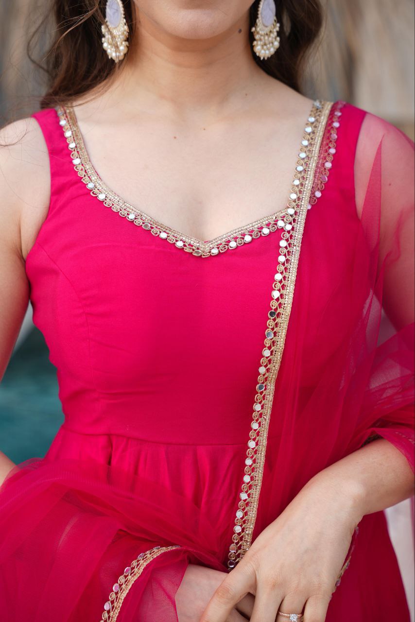Pink Mirror Anarkali Suit Set Roohri