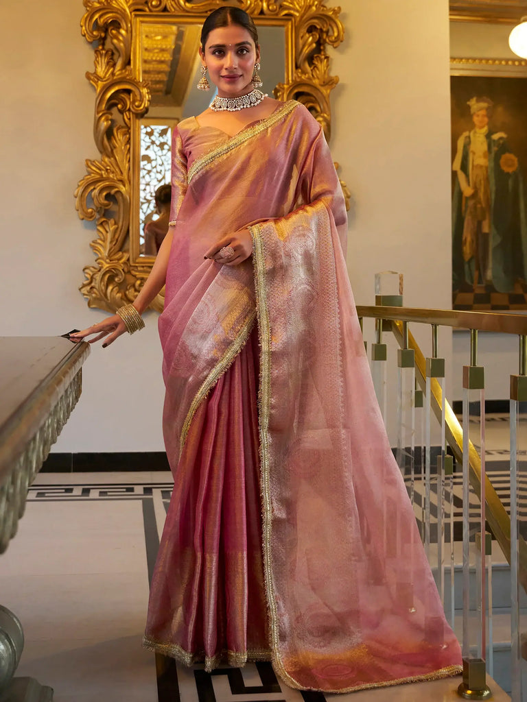 Pink Tissue Shimmer Saree Roohri
