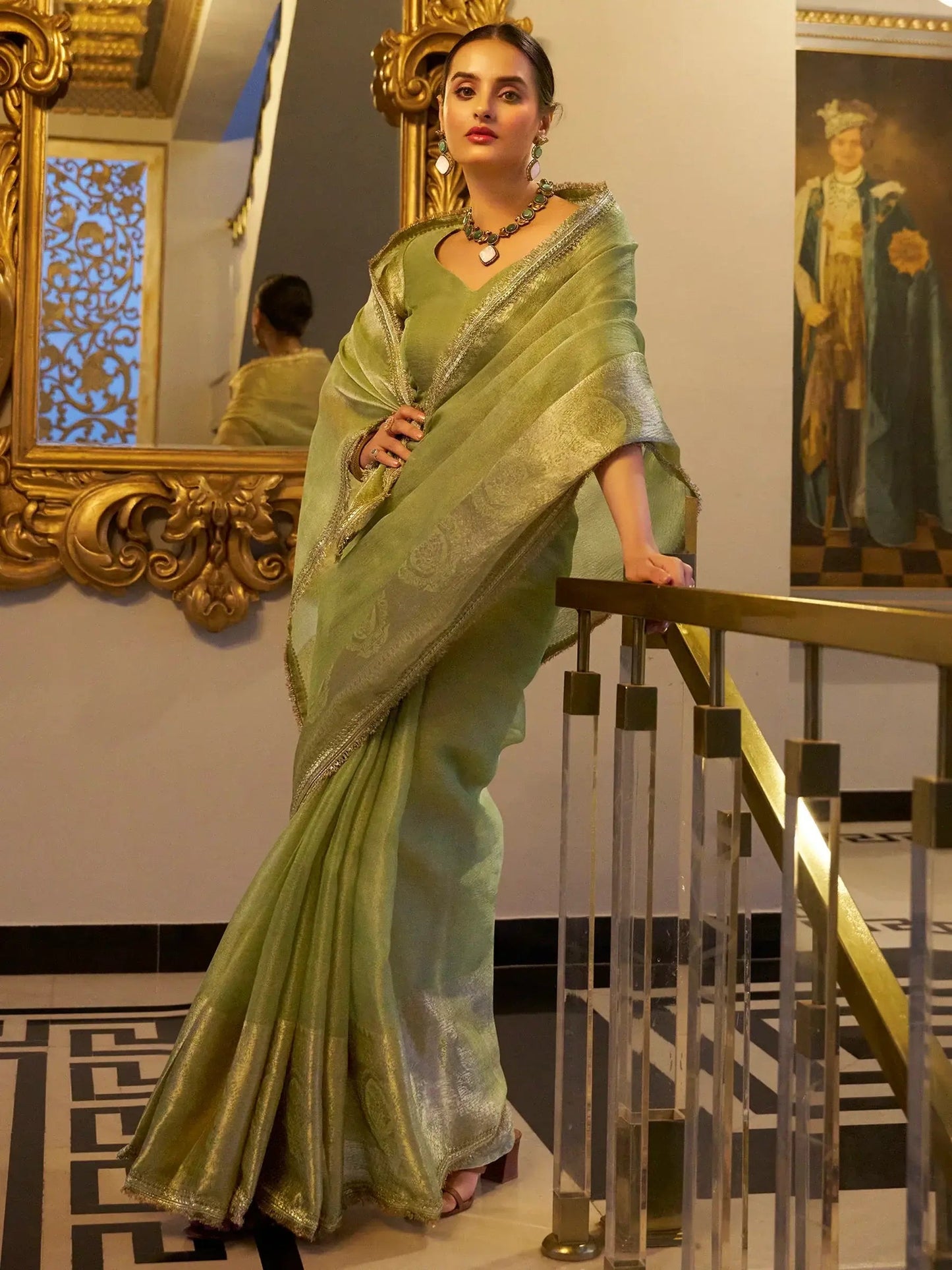 Pista Green Tissue Shimmer Saree Roohri