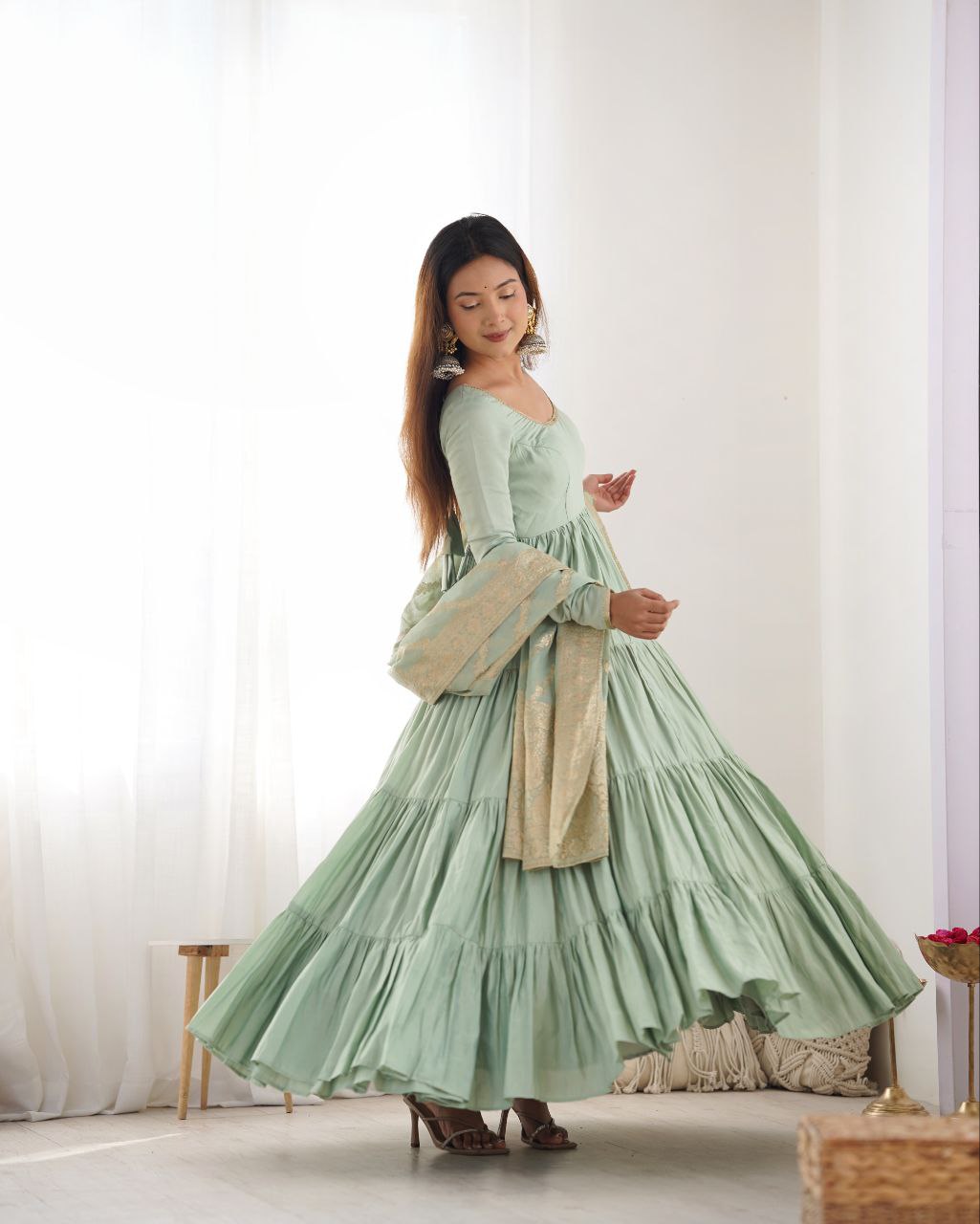 Pista Green Anarkali Suit Set Roohri