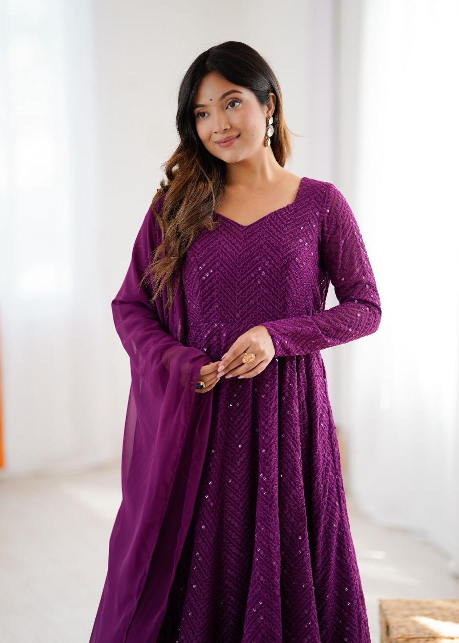 Purple Chikankari Anarkali Suit Set Roohri