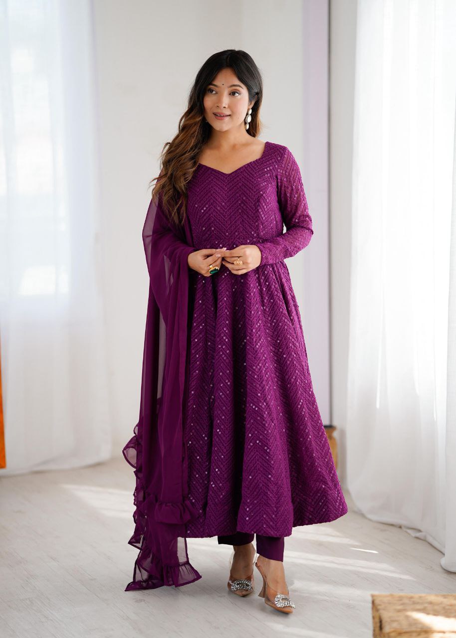 Purple Chikankari Anarkali Suit Set Roohri