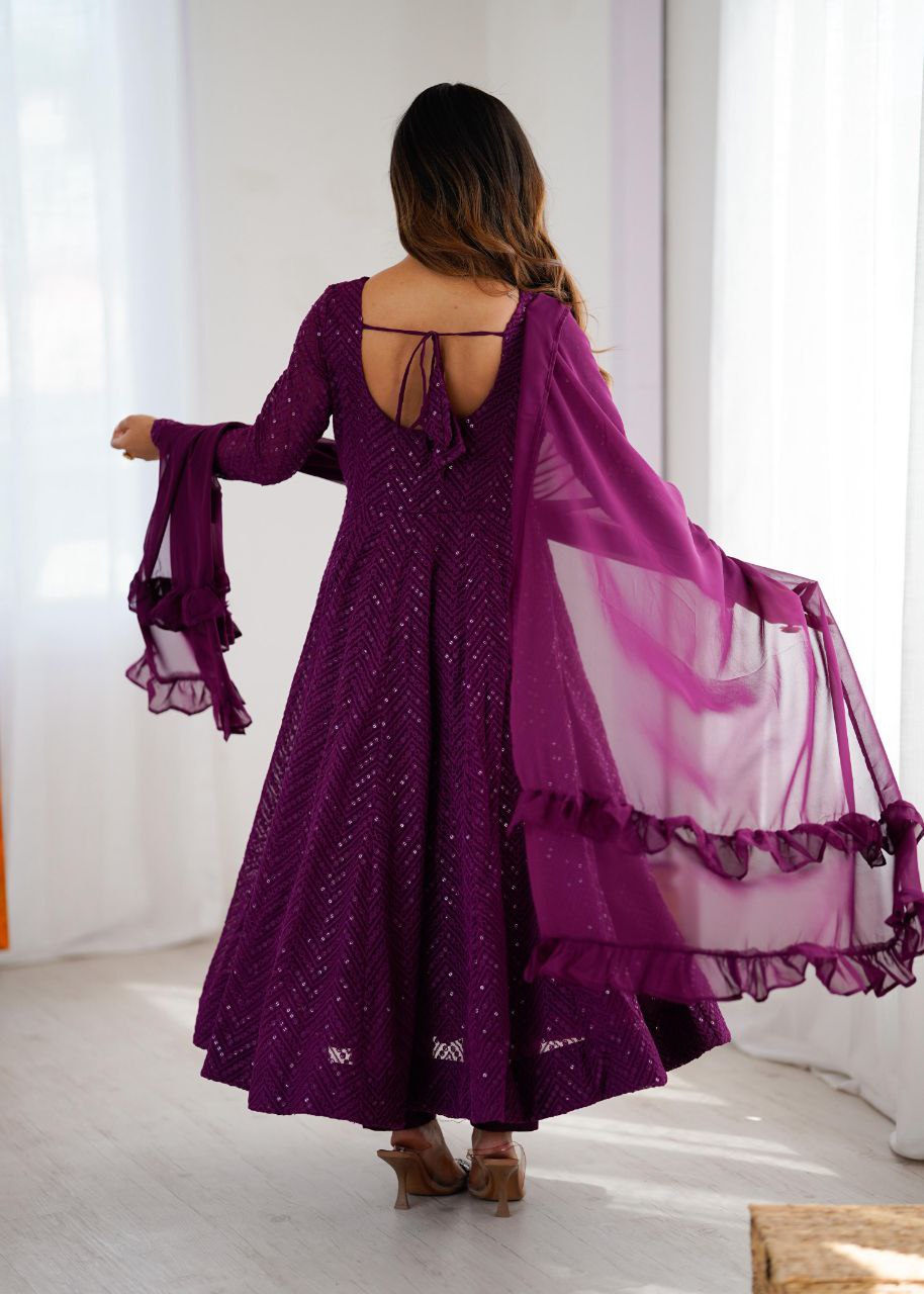 Purple Chikankari Anarkali Suit Set Roohri