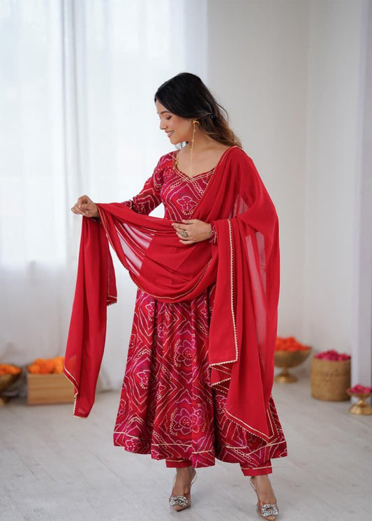 Bhanej Red Anarkali Suit Set Roohri