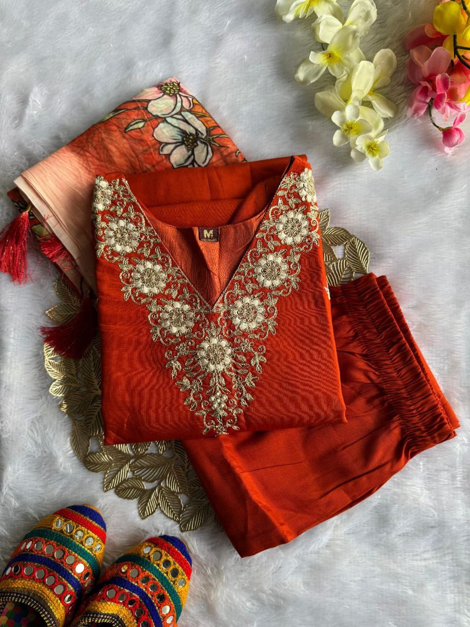 Rust Orange Embroidered Suit Set Roohri