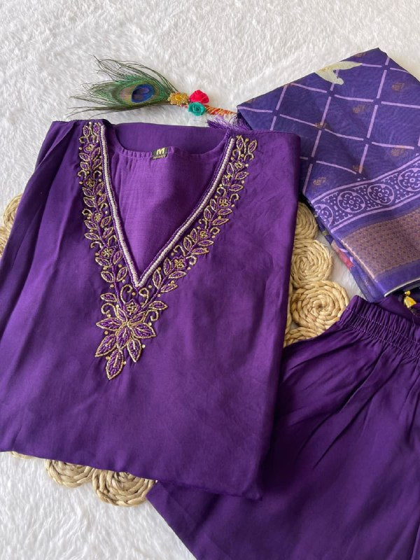 Wine Embroidered Suit Set Roohri