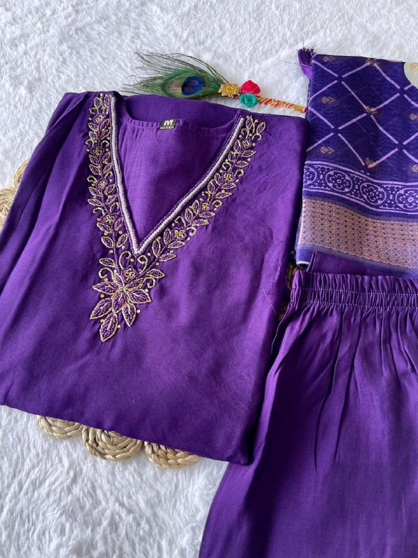 Wine Embroidered Suit Set Roohri