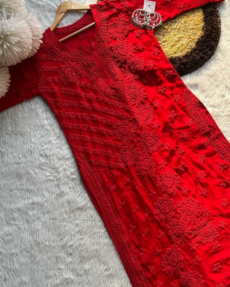 Red Viscose Chikankari Kurti Roohri