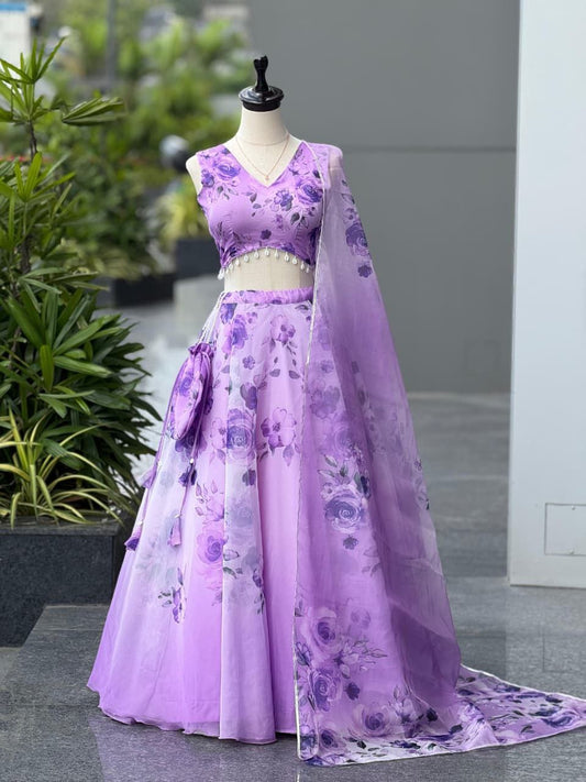 Purple Organza Lehenga Choli Set Roohri