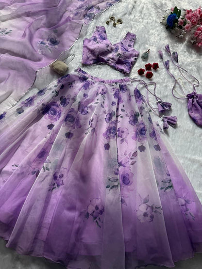 Purple Organza Lehenga Choli Set Roohri