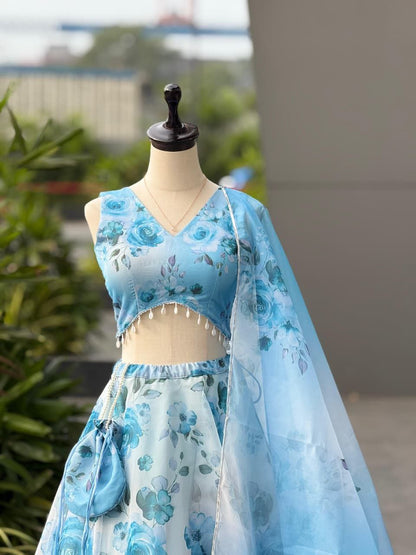 Blue Organza Lehenga Choli Set Roohri