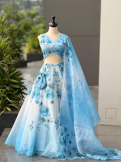 Blue Organza Lehenga Choli Set Roohri