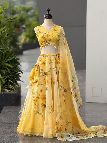 Yellow Organza Lehenga Choli Set Roohri