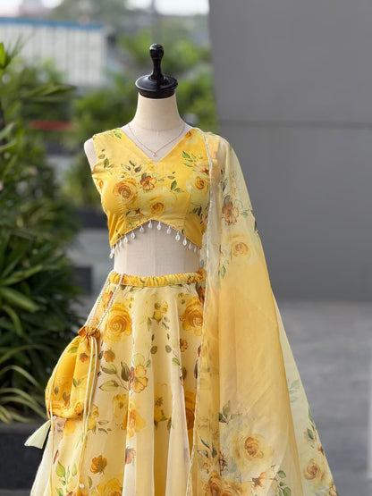 Yellow Organza Lehenga Choli Set Roohri