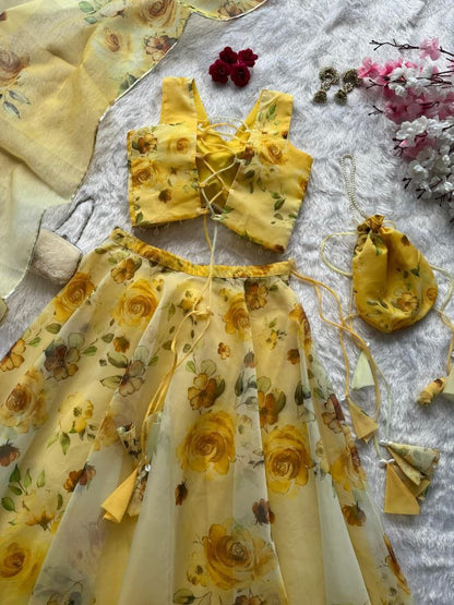 Yellow Organza Lehenga Choli Set Roohri
