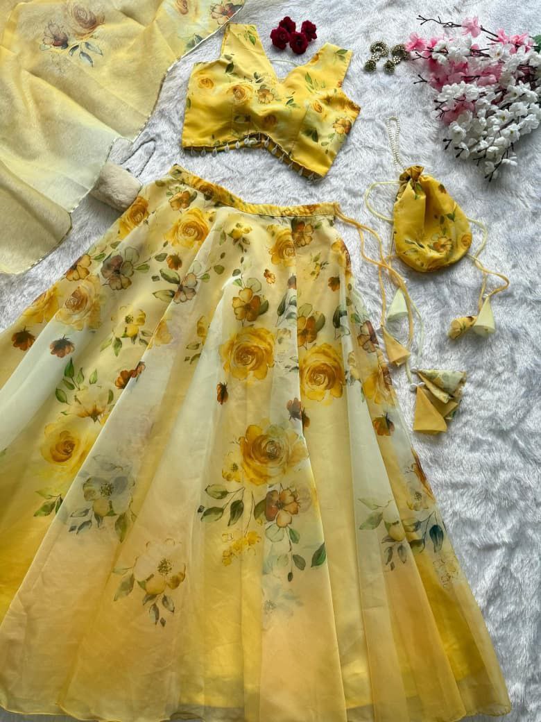 Yellow Organza Lehenga Choli Set Roohri