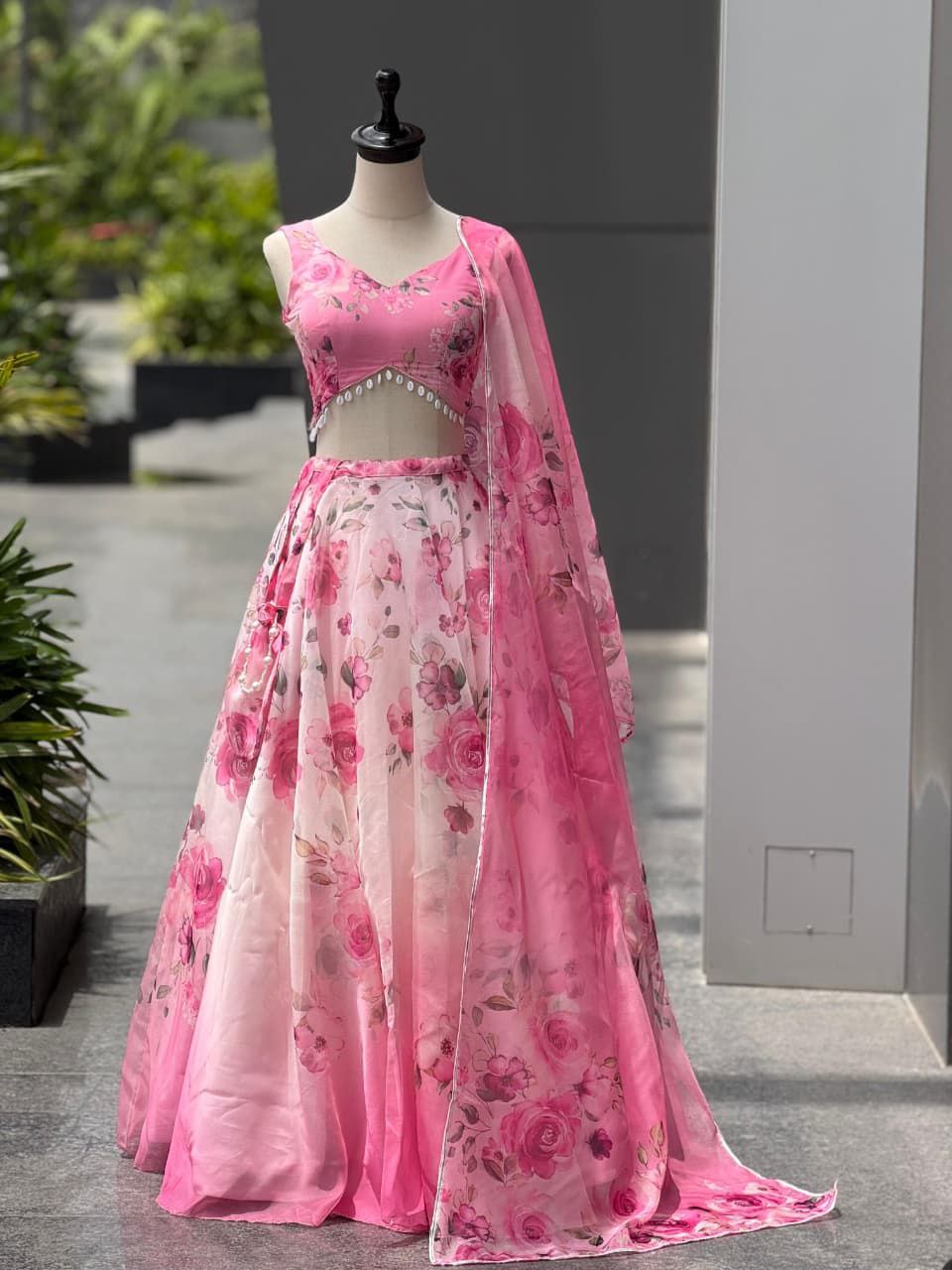 Pink Organza Lehenga Choli Set Roohri