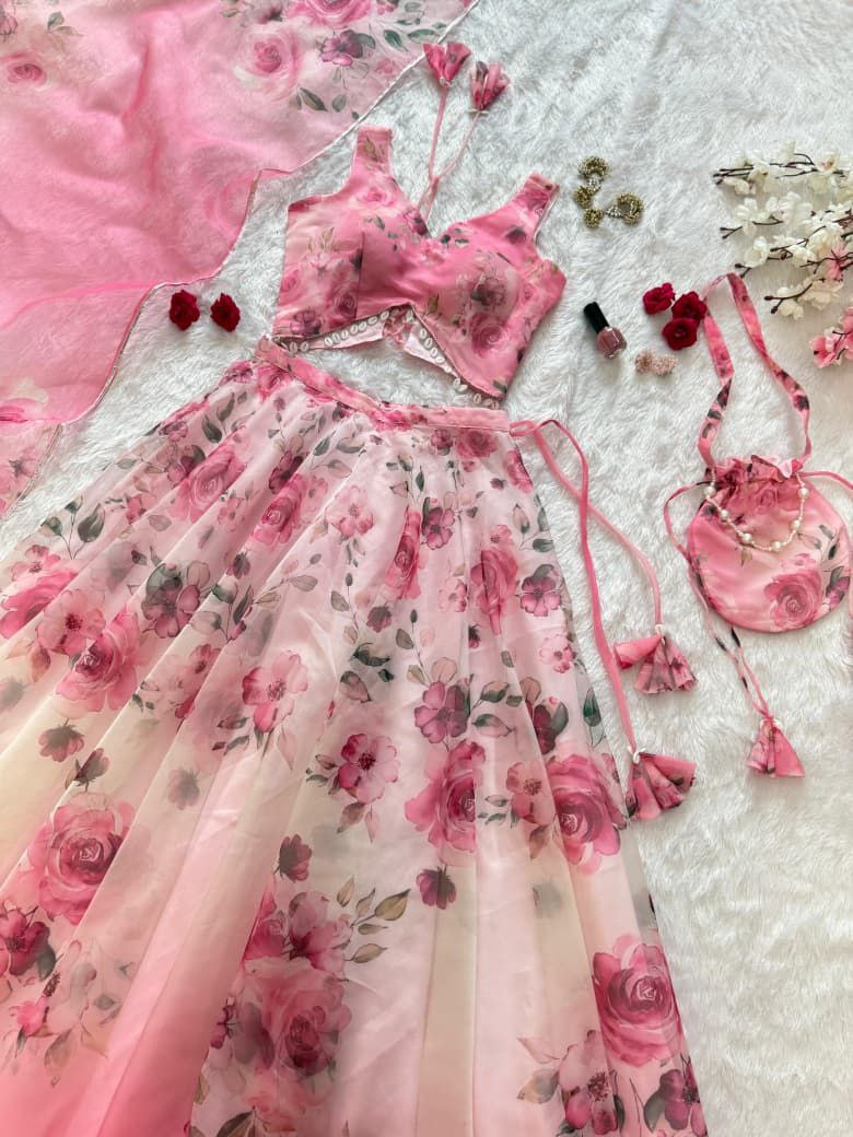 Pink Organza Lehenga Choli Set Roohri