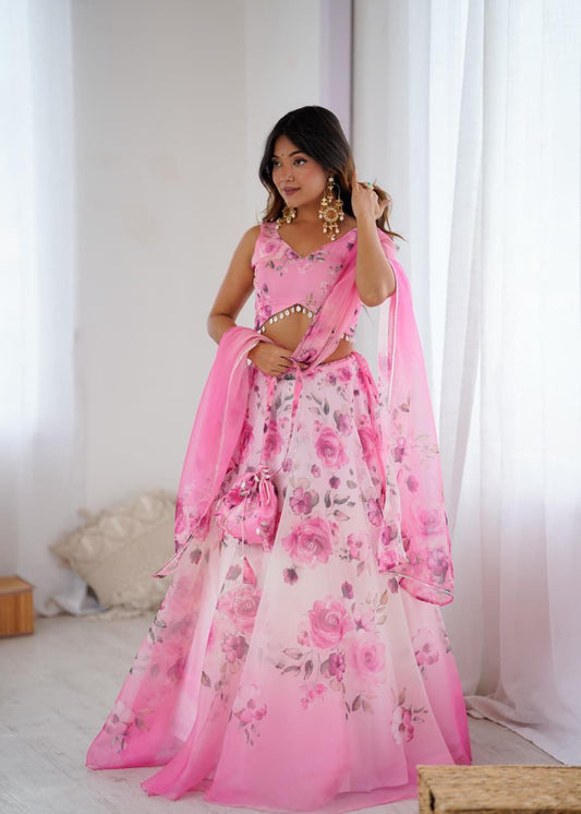 Pink Organza Lehenga Choli Set Roohri