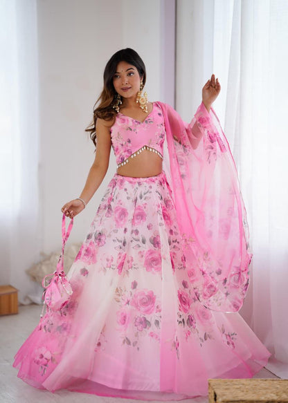 Pink Organza Lehenga Choli Set Roohri