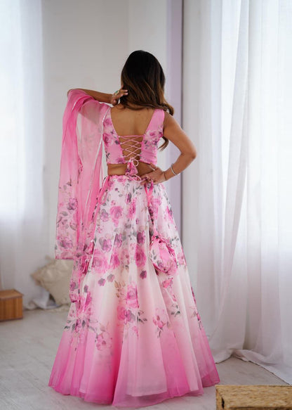 Pink Organza Lehenga Choli Set Roohri