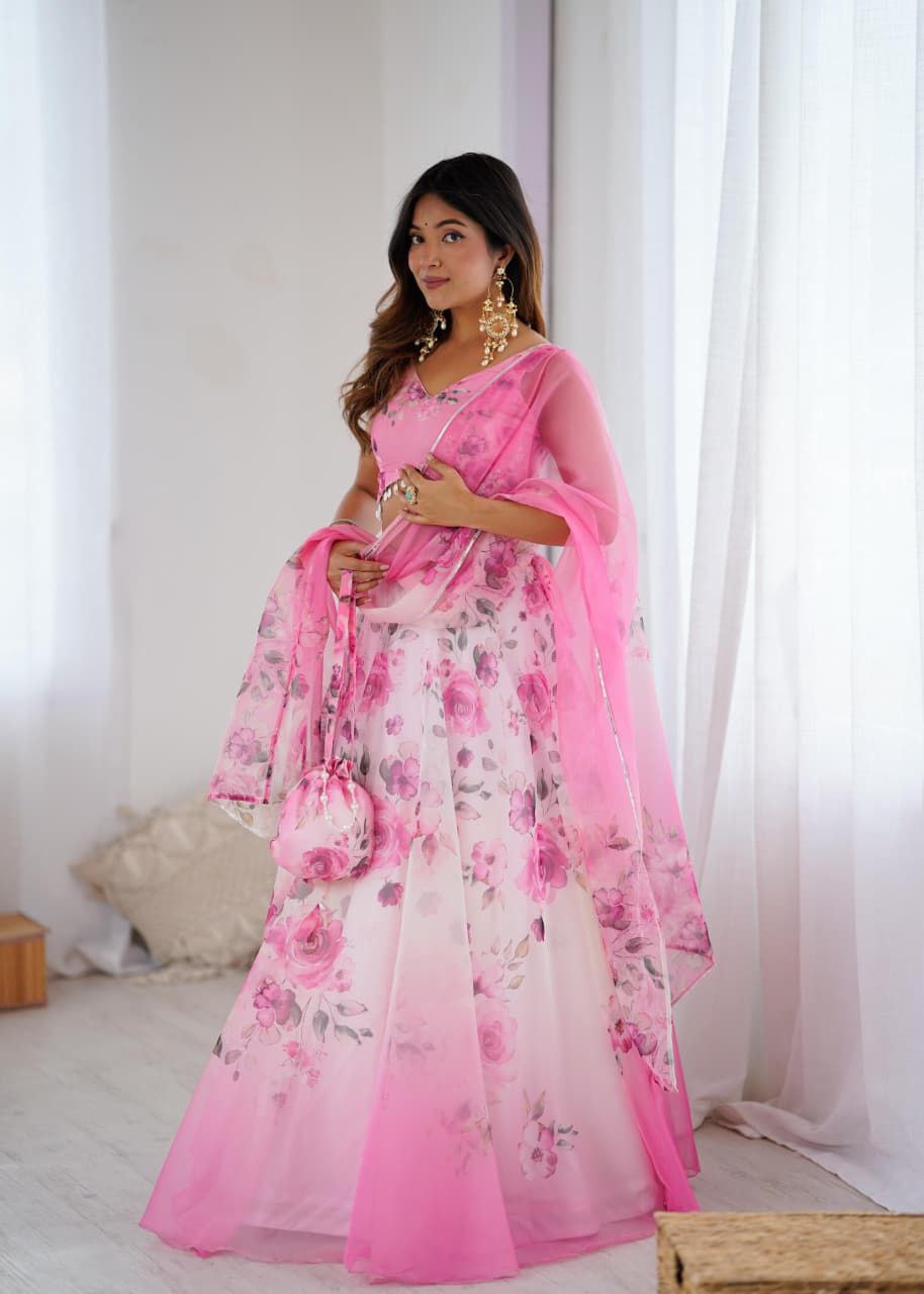 Pink Organza Lehenga Choli Set Roohri