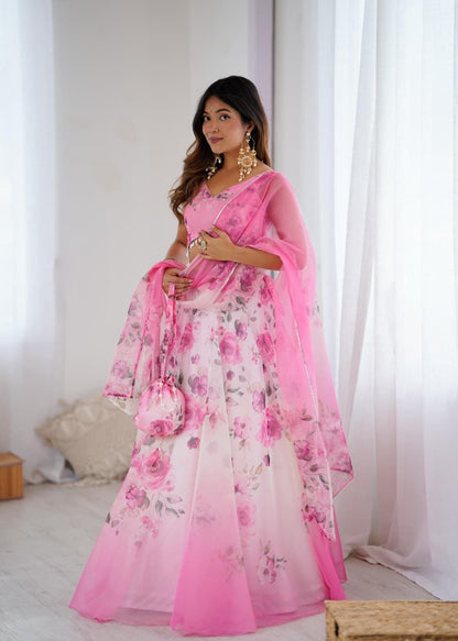 Pink Organza Lehenga Choli Set Roohri
