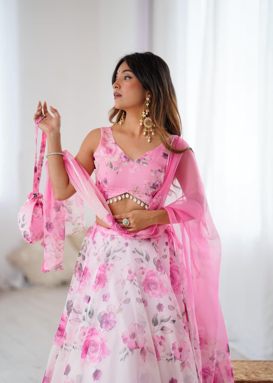 Pink Organza Lehenga Choli Set Roohri