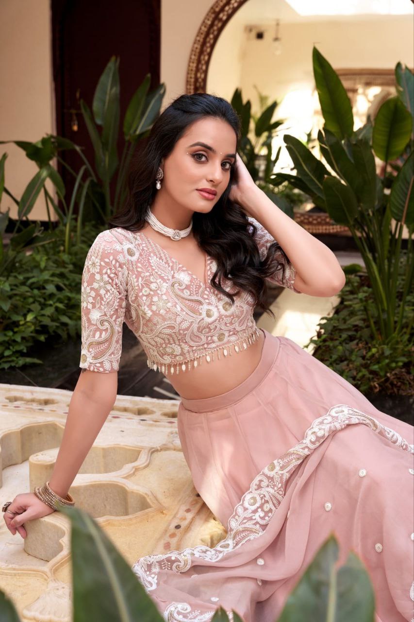 Baby Pink Crush Silk Lehenga Choli Set Roohri