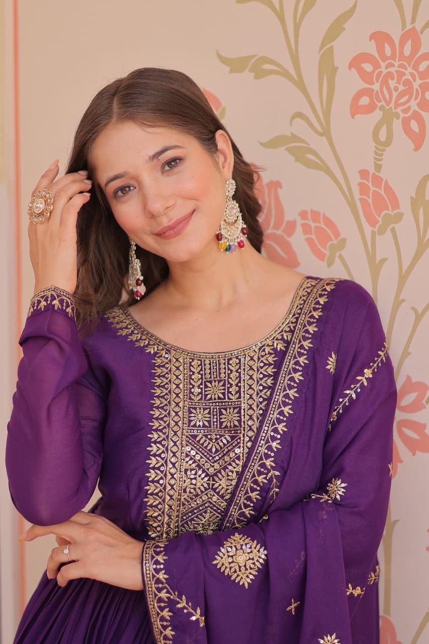 Purple Anarkali Dupatta Set Roohri