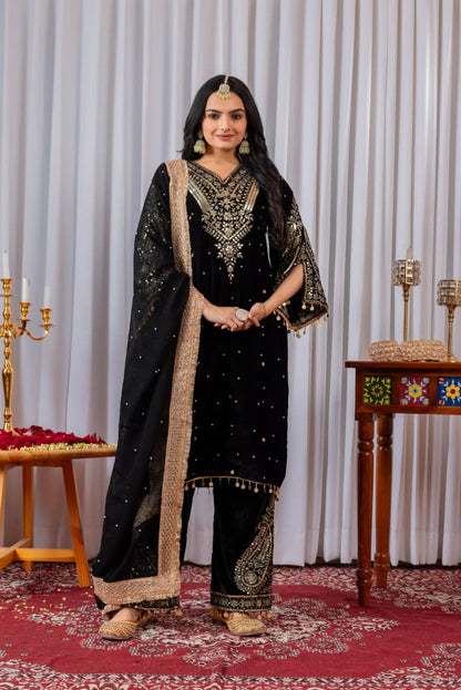 Black Embroidered Velvet Suit Set Roohri