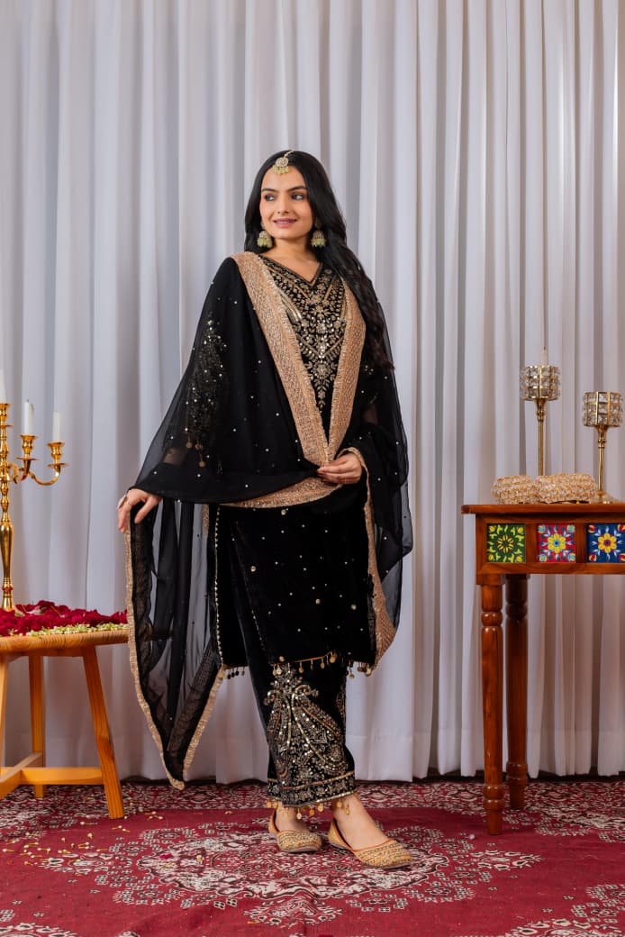 Black Embroidered Velvet Suit Set Roohri