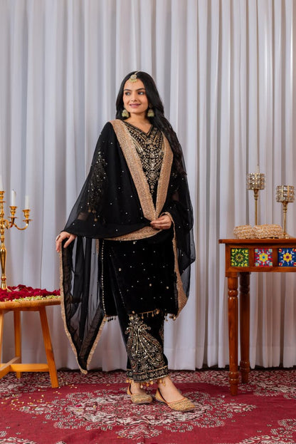 Black Embroidered Velvet Suit Set Roohri