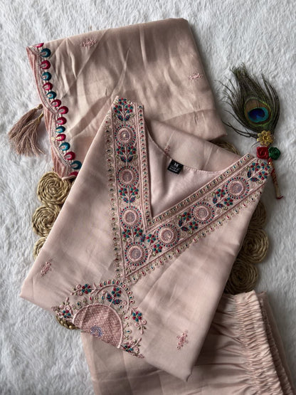 Beige Embroidered Suit Set Roohri