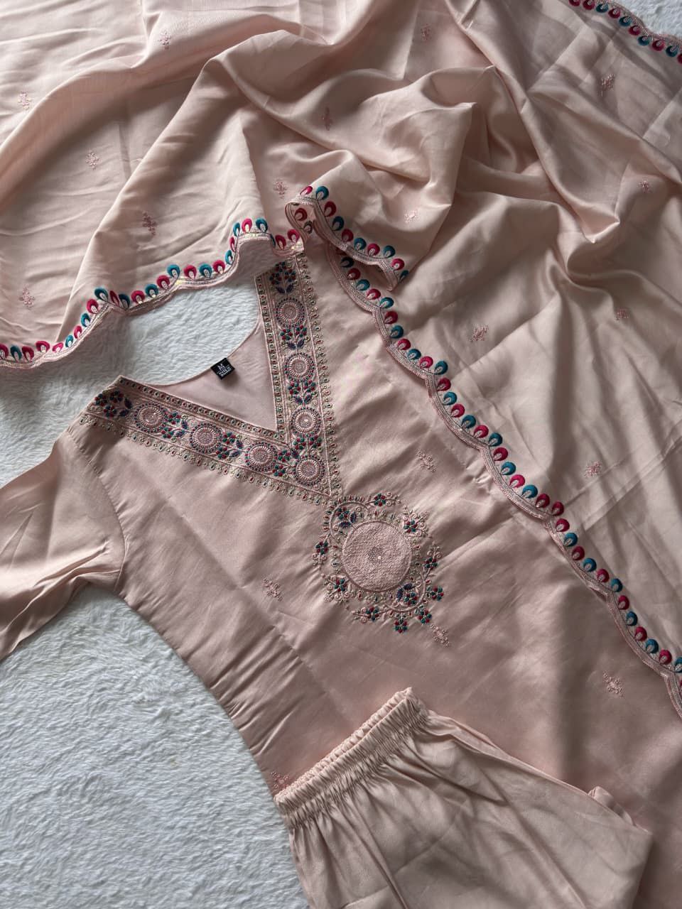 Beige Embroidered Suit Set Roohri