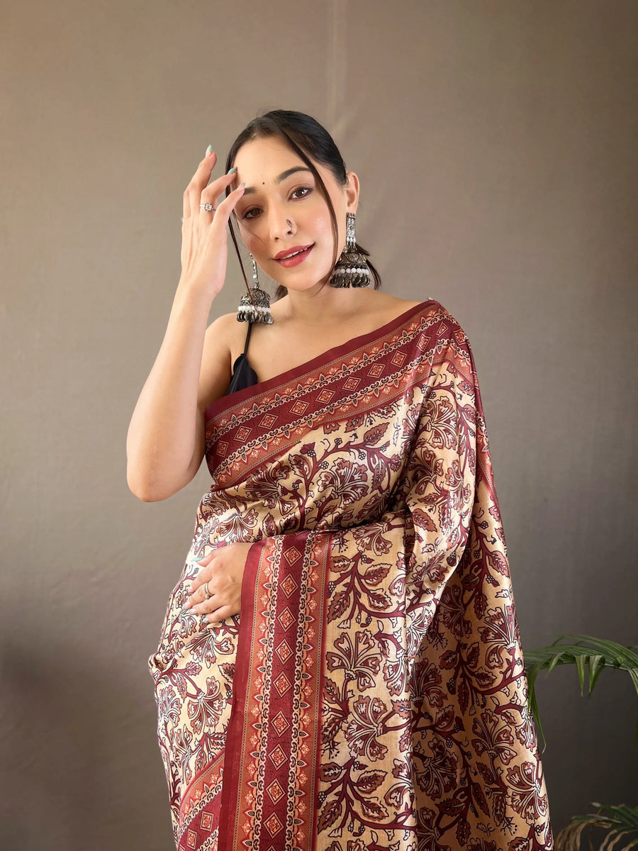 Beige Printed Saree Roohri