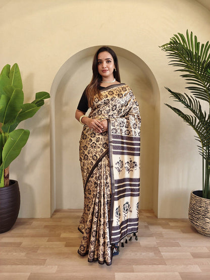 Beige Dola Viscose Saree Roohri