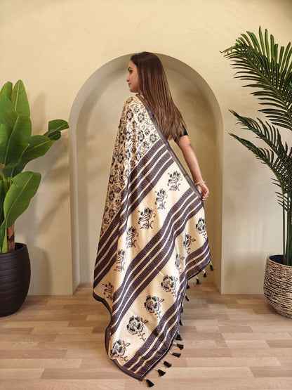 Beige Dola Viscose Saree Roohri