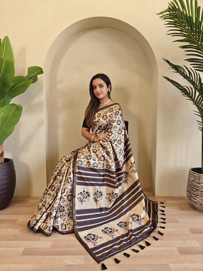 Beige Dola Viscose Saree Roohri