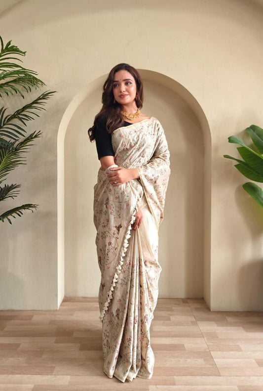 Beige Loom Tussar Saree Roohri
