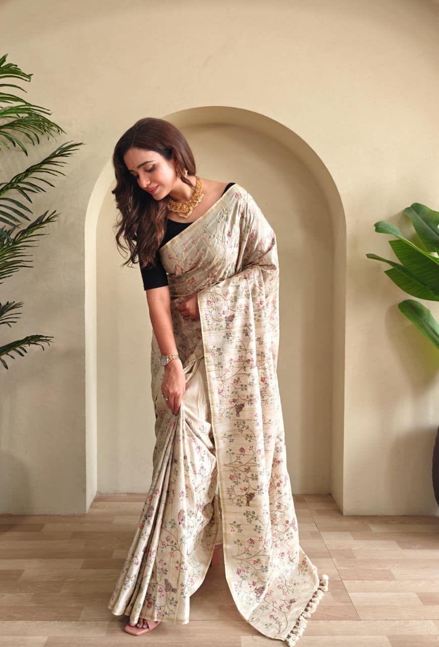 Beige Loom Tussar Saree Roohri