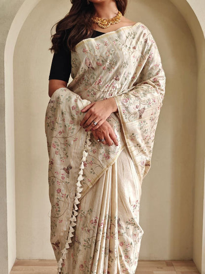 Beige Loom Tussar Saree Roohri