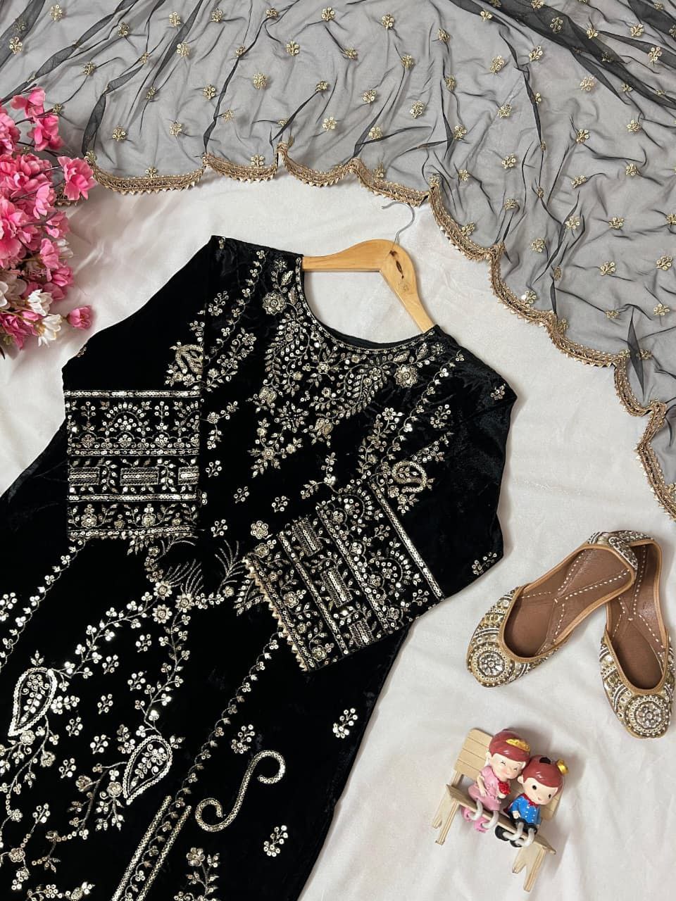 Black Velvet Palazzo Suit Set Roohri